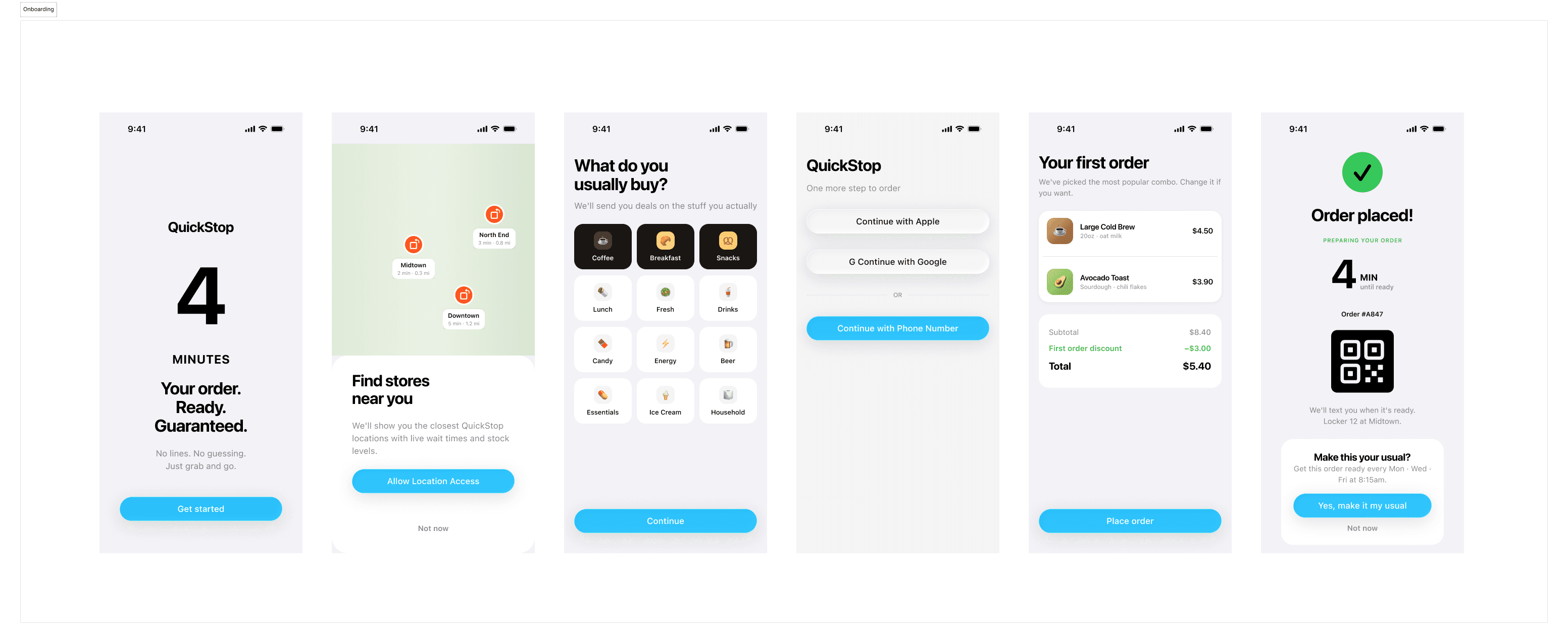 QuickStop onboarding flow — six screens from value prop through order confirmation