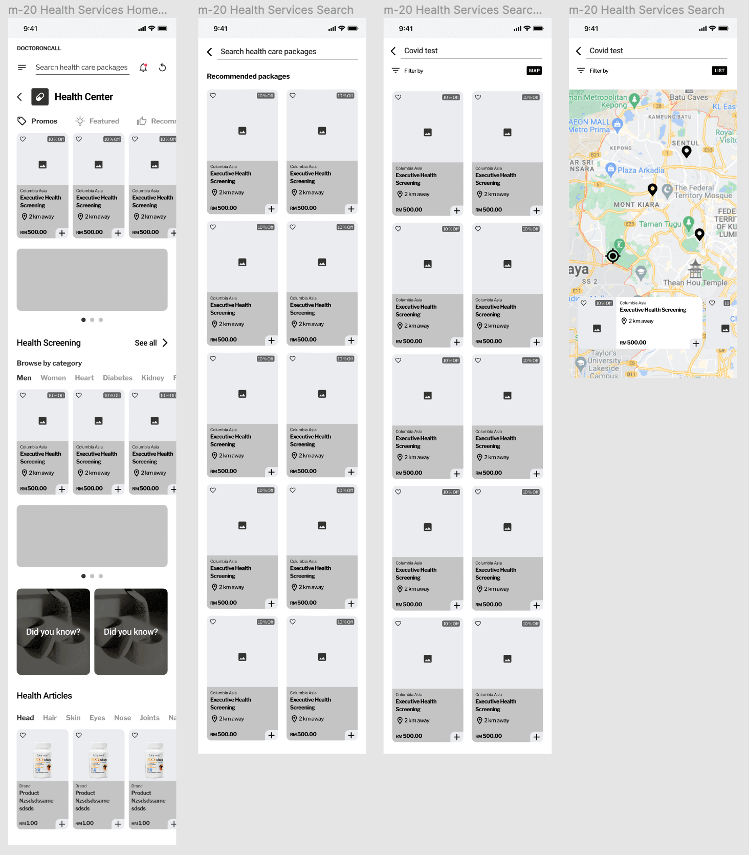 Home, Search, List and Map view wireframes