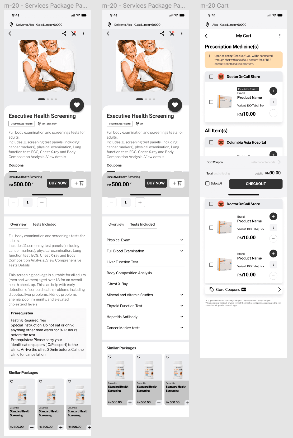 Product and cart page wireframe