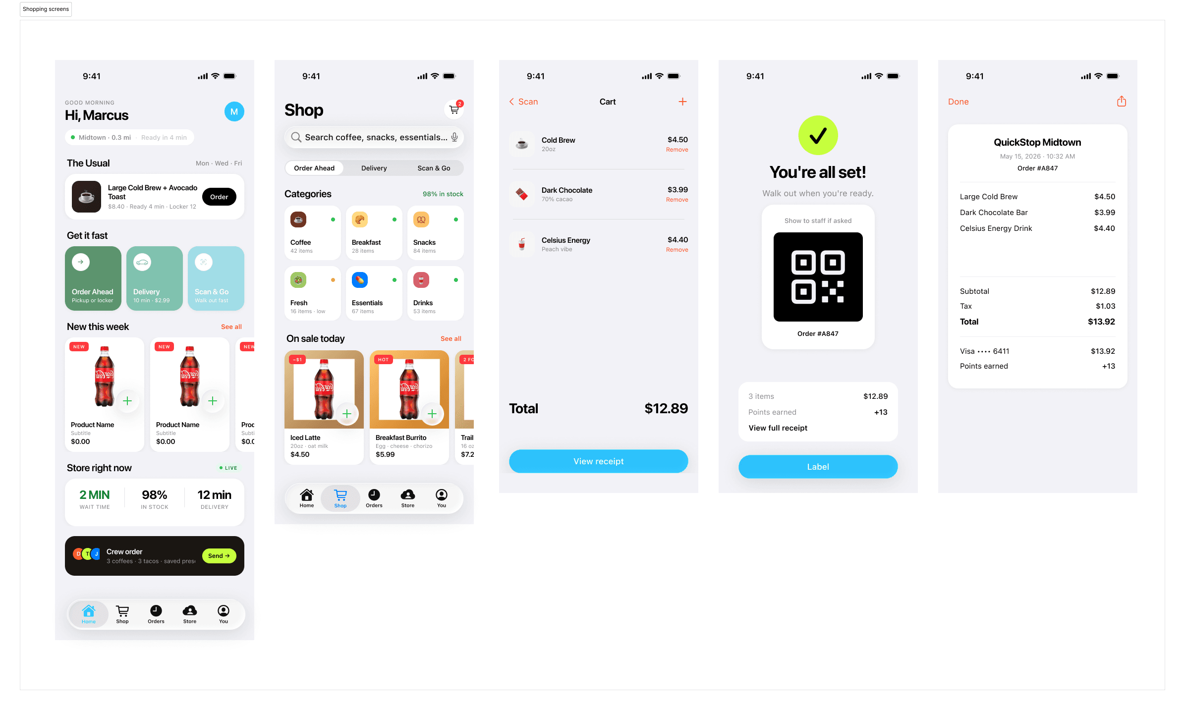 QuickStop shopping flow — home, shop landing, cart, order confirmation, and digital receipt