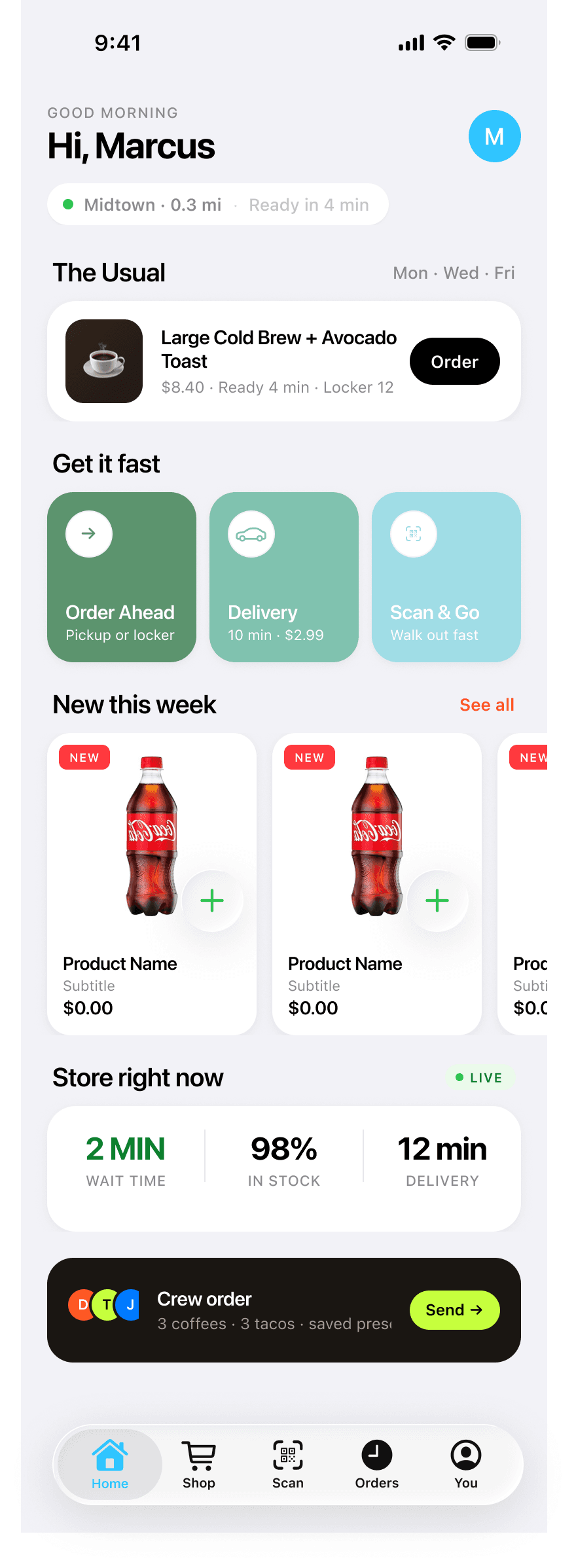 QuickStop home screen with store status, The Usual module, and quick actions
