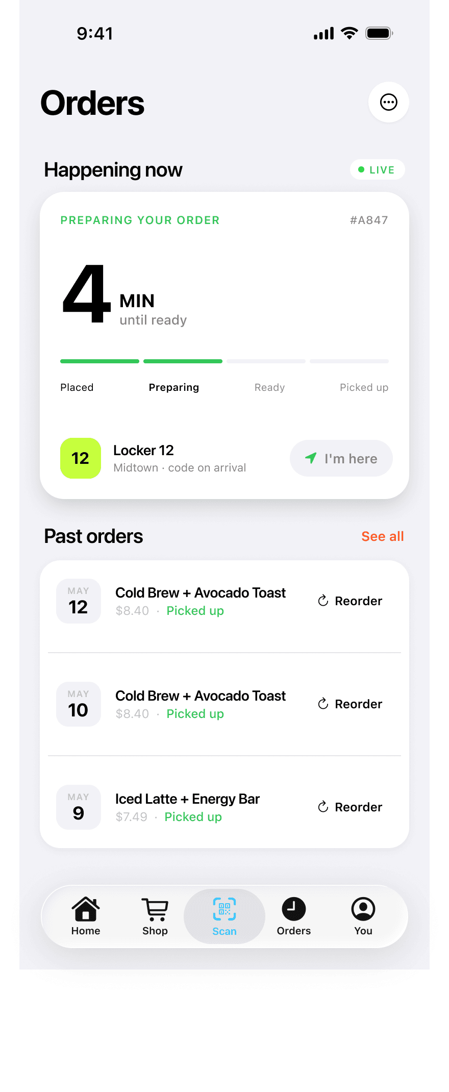 QuickStop orders tab with active order tracking
