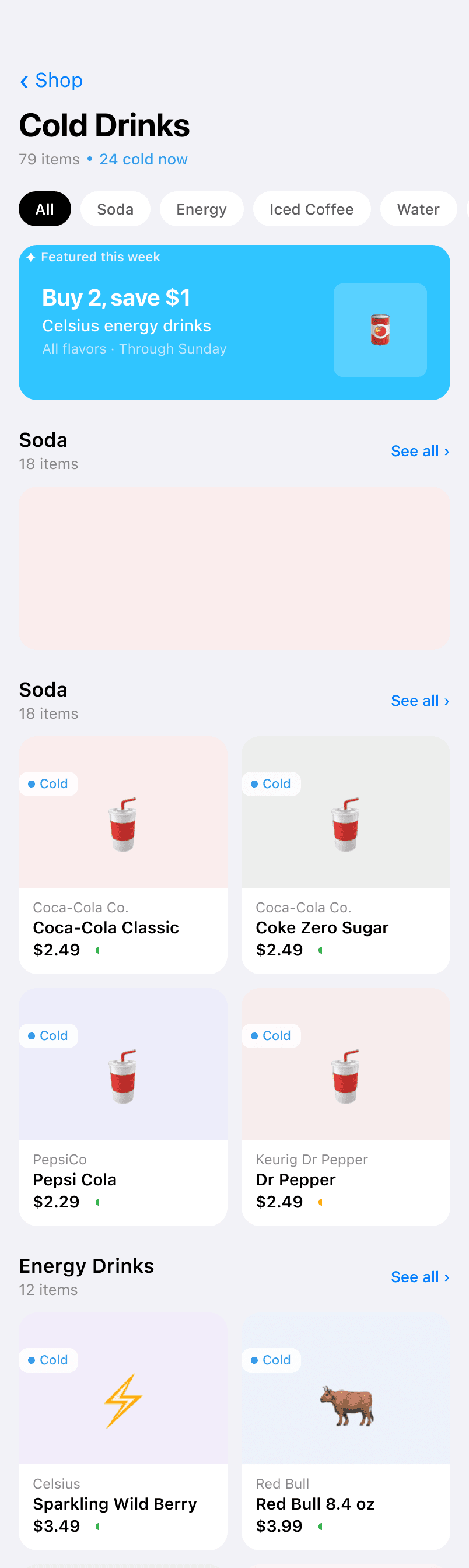 QuickStop cold drinks category with stock status badges