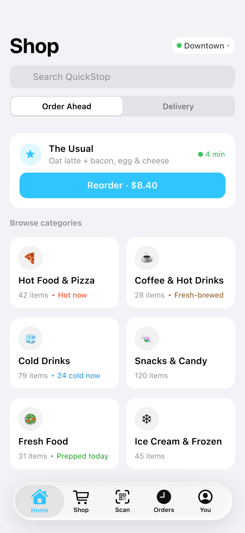 QuickStop shop landing with category grid and mode selector