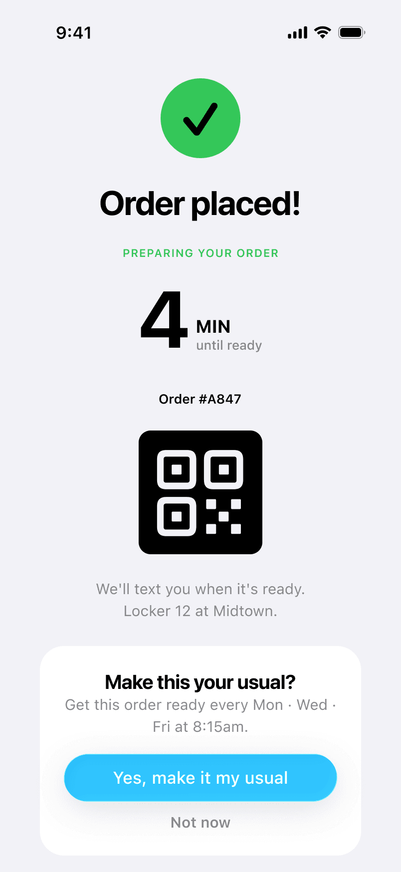 QuickStop onboarding success and habit prompt screen