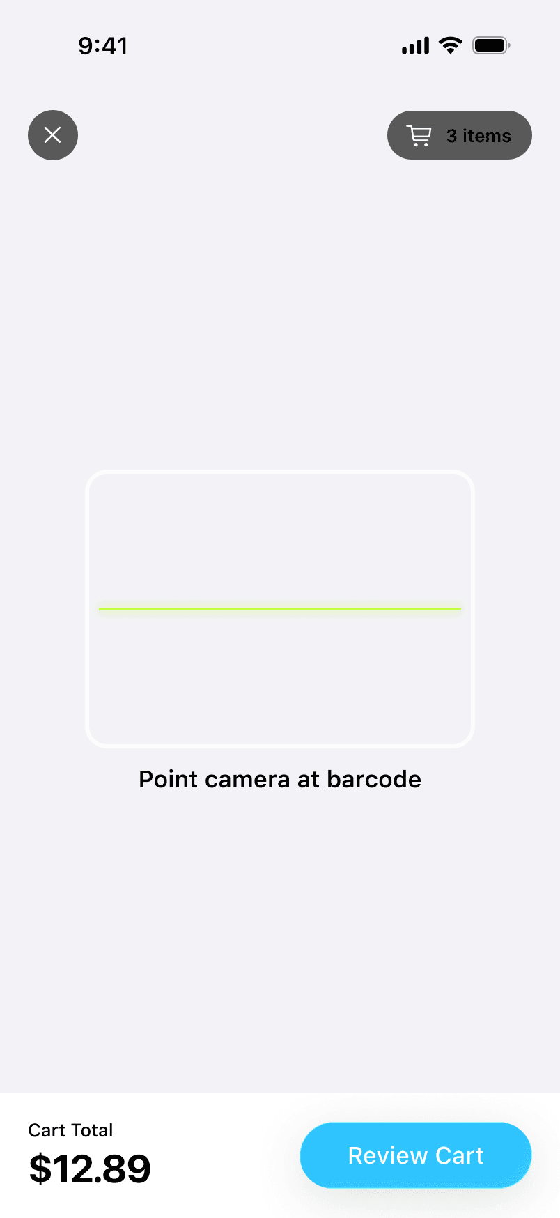 QuickStop Scan and Go scanning screen